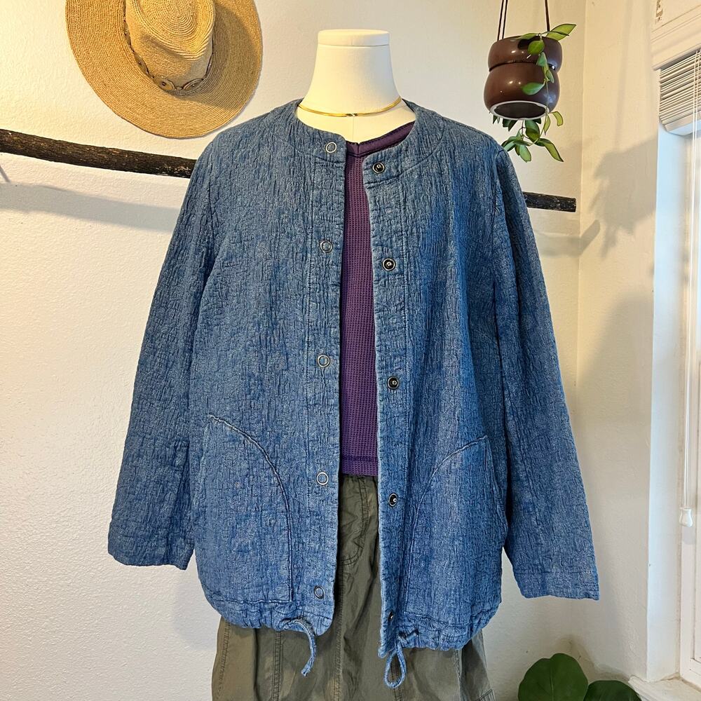 J Jill Indigo Textured Blue Cotton Snap Button Relaxed Chore Jacket Size Medium
